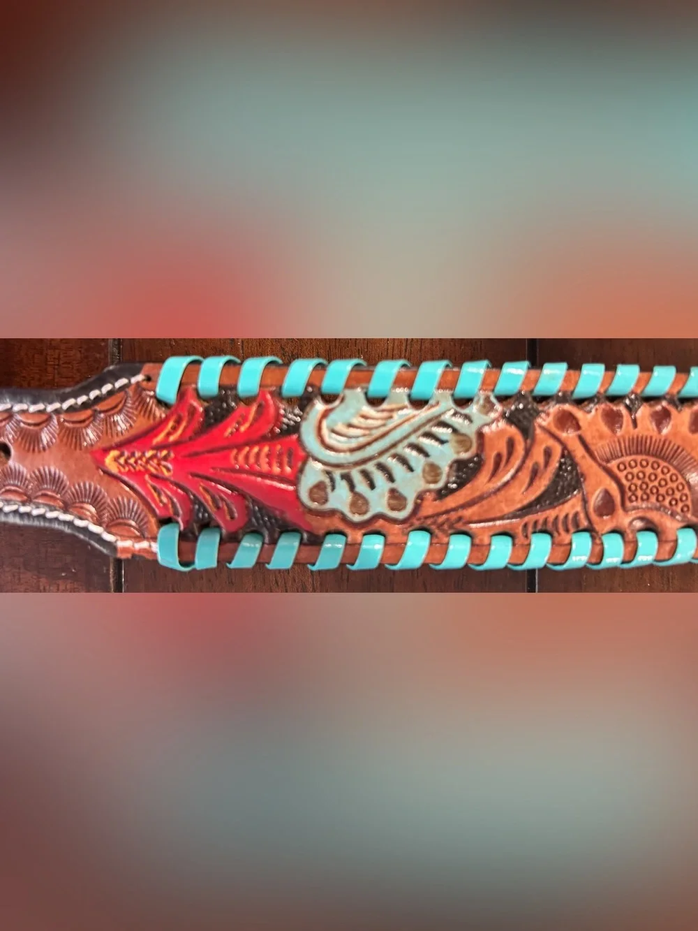 Tooled Genuine Leather Western Dog Collar w/ Turquoise and Red Accents-SMALL